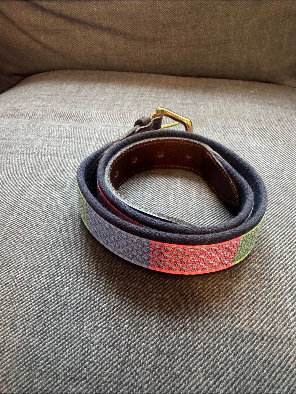 Men's vineyard vines patchwork whale  Belt with Gold Buckle